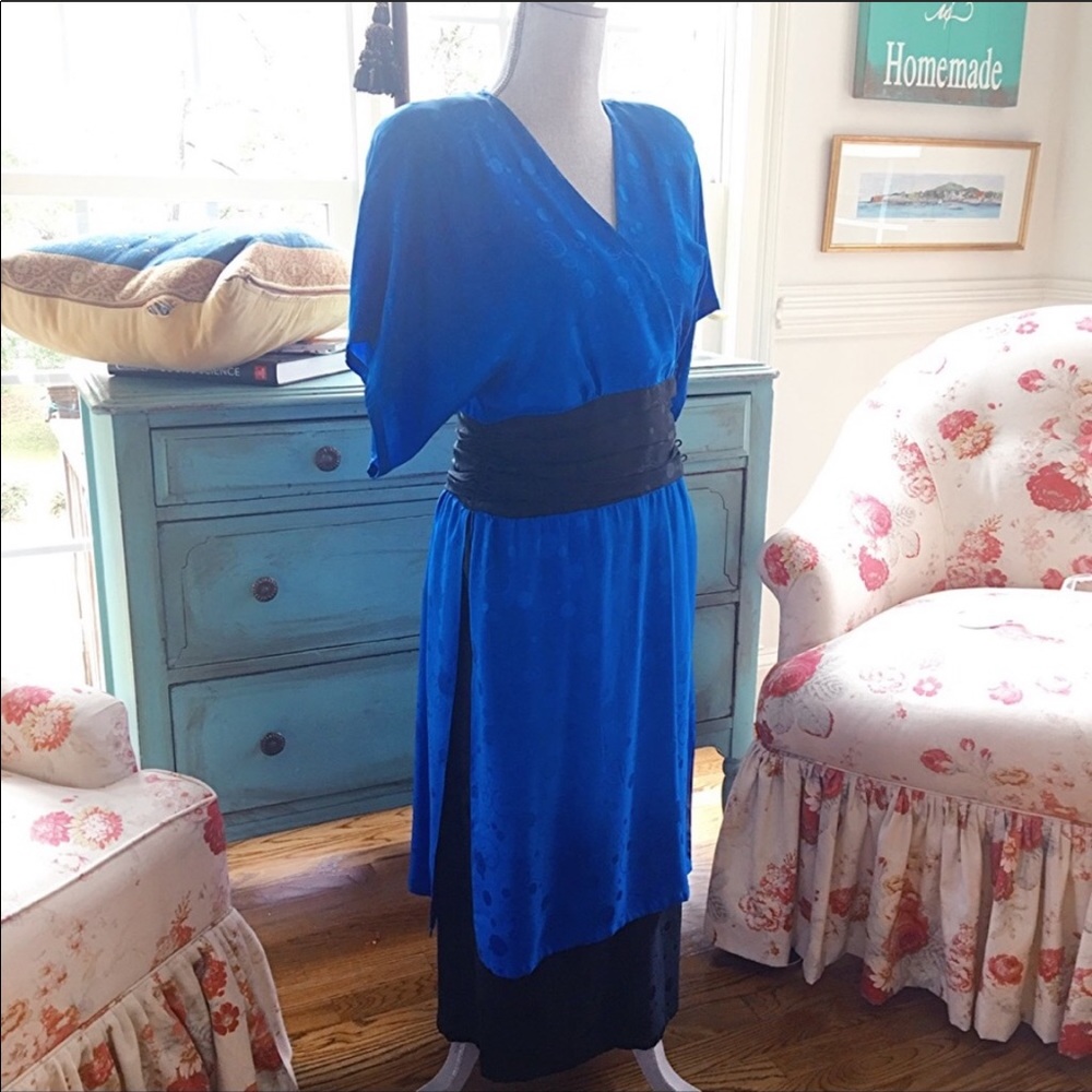 Blue and black vintage silk kimono style dress